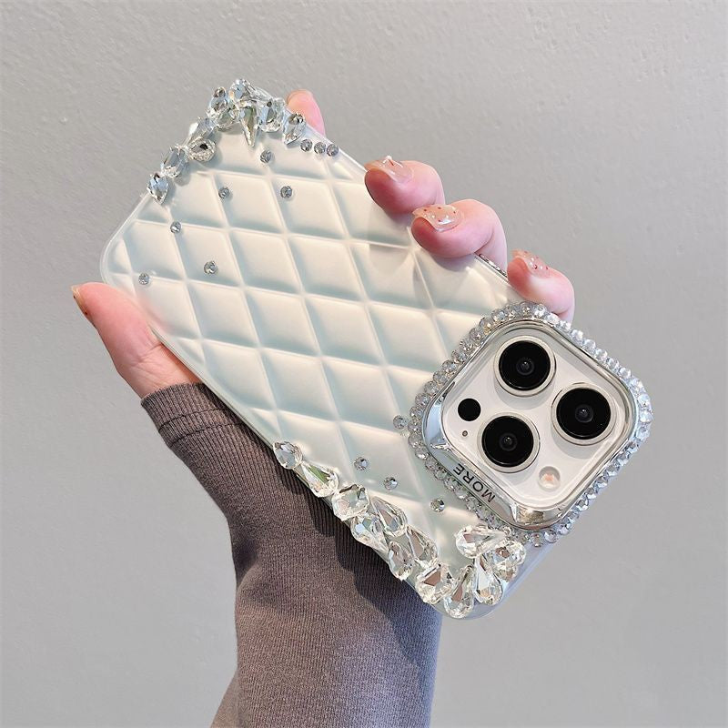 Silver Diamond Pattern 3D Rhinestone Suitable iPhone16promax Apple15Phone case14New13Anti-Fall