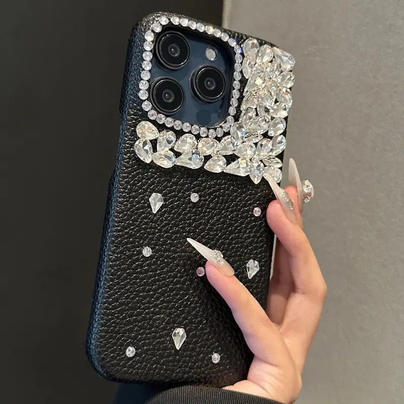Cross-border Flash Diamond Compatible with Apple16promax Lychee Skin Texture Phone Case iphone15Protective Sleeve13Luxury14