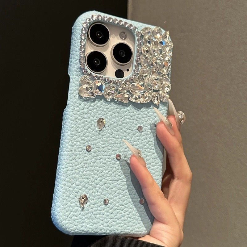 Cross-border Flash Diamond Compatible with Apple16promax Lychee Skin Texture Phone Case iphone15Protective Sleeve13Luxury14