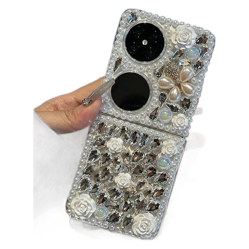 Luxurious and Suitable for Huawei p50pocket Phone case pocket2Foldable Screen Full Diamond Flower Protective Case Flip Cover for Women