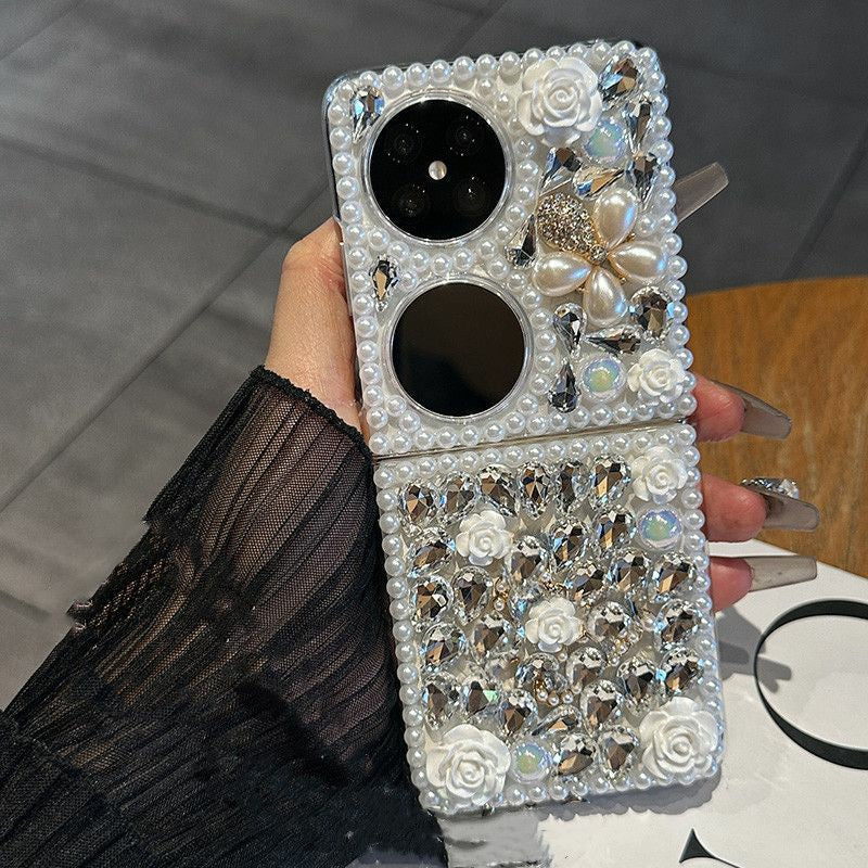 Luxurious and Suitable for Huawei p50pocket Phone case pocket2Foldable Screen Full Diamond Flower Protective Case Flip Cover for Women