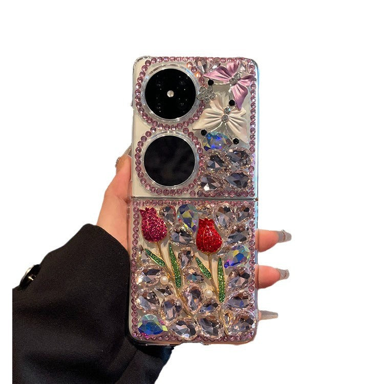 Applicable to Huawei Pocket 2Phone Case Foldable Screen P50pocket Luxurious Women's Diamond-Studded Rose Protective Case