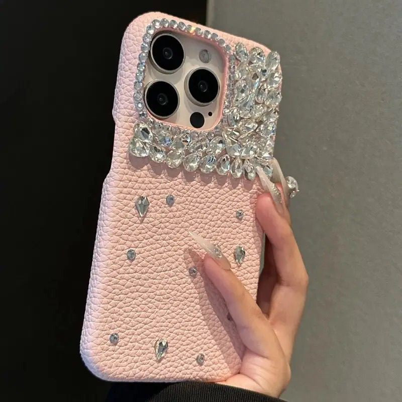 Cross-border Flash Diamond Compatible with Apple16promax Lychee Skin Texture Phone Case iphone15Protective Sleeve13Luxury14