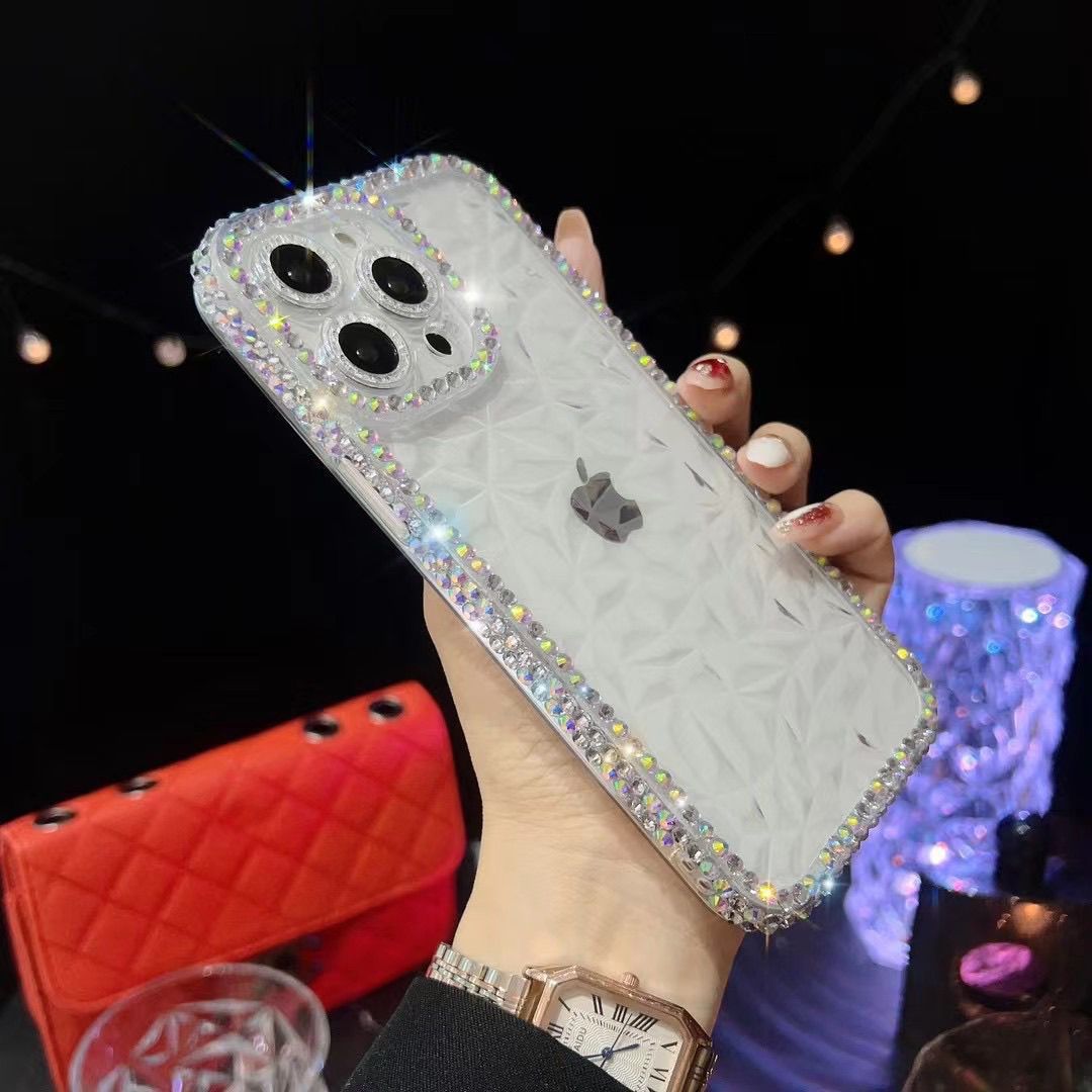 Suitable for Apple15promax Phone case15Diamond Pattern Protective Case13Pro Edge Drill14Three-row Diamond Outer Single16