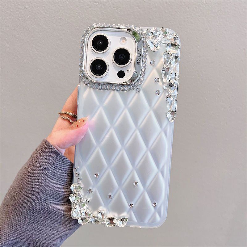 Silver Diamond Pattern 3D Rhinestone Suitable iPhone16promax Apple15Phone case14New13Anti-Fall