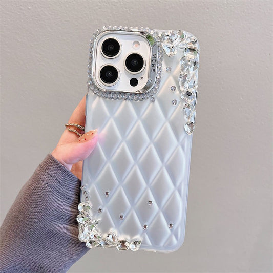 Silver Diamond Pattern 3D Rhinestone Suitable iPhone16promax Apple15Phone case14New13Anti-Fall