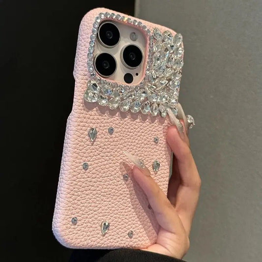 Cross-border Flash Diamond Compatible with Apple16promax Lychee Skin Texture Phone Case iphone15Protective Sleeve13Luxury14