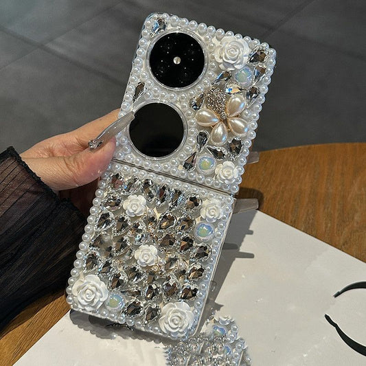 Luxurious and Suitable for Huawei p50pocket Phone case pocket2Foldable Screen Full Diamond Flower Protective Case Flip Cover for Women