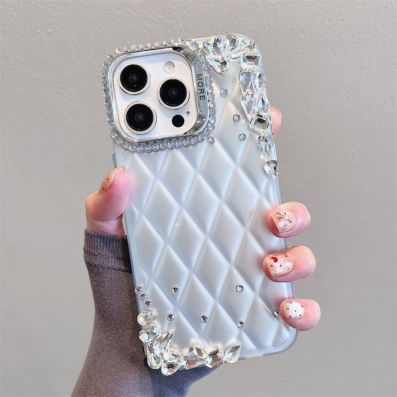 Silver Diamond Pattern 3D Rhinestone Suitable iPhone16promax Apple15Phone case14New13Anti-Fall