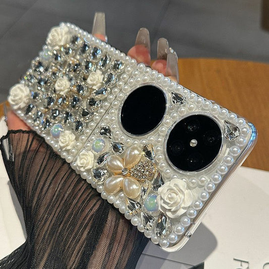 Luxurious and Suitable for Huawei p50pocket Phone case pocket2Foldable Screen Full Diamond Flower Protective Case Flip Cover for Women